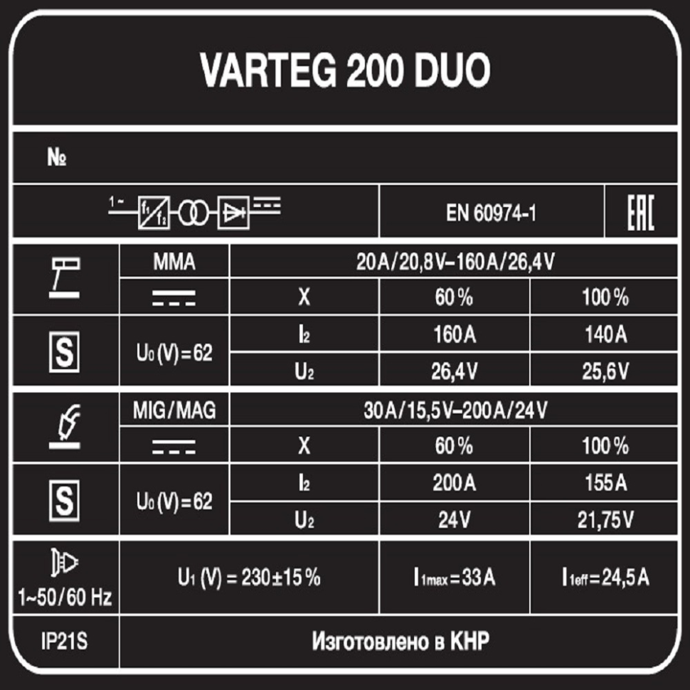 СВАРОЧНЫЙ ПОЛУАВТОМАТ VARTEG 200 DUO
